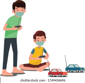 2 young boy are playing RC car together illustration