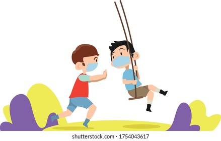 2 young boys are playing swing together while keep using medical mask