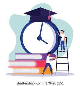 2 Un hombre joven está junto a un montón de libros y a un reloj grande con un vestido. los conceptos de educación, negocios y estilo de vida. Ilustración vectorial moderna.