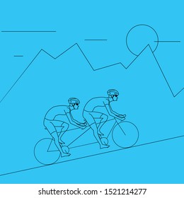 2 Young Men on the Tandem Road Bike Climbing. Line Art Vectoral Design. Nature Background.