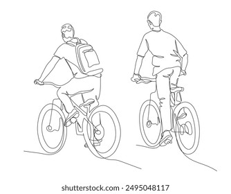 2 young men riding bicycles. Back view. Continuous line drawing. Black and white vector illustration in line art style.