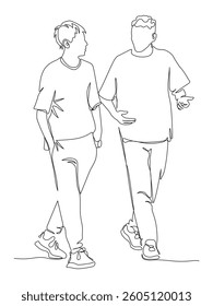 2 young men talking walking. Front view. Continuous line drawing. Vector illustration in line art style.