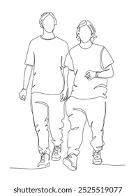 2 junge Männer in T-Shirts gehen und reden. Kontinuierliche einzeilige Zeichnung. Schwarz-weiße Vektorgrafik im Linien-Kunststil.