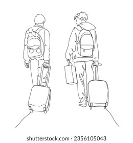 2 young men walking with luggage, backpacks and suitcases with wheels. Back view. Continuous line drawing. Black and white vector illustration in line art style.