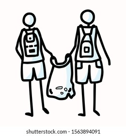 2 Young People Stick Figures with Backpack out Trash Collecting. Concept of Beach Clean Up Earth Day. Symbol Icon Motif for Environmental Earth Day,  Eco Rubbish Recycling Illustration. Vector Eps 10