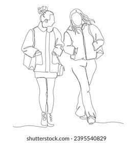 2 mujeres jóvenes hablando. Que tengan las manos en los bolsillos en un día de clima fresco. Dibujo continuo de líneas. Ilustración vectorial en blanco y negro en estilo de arte en línea.