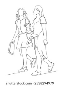 2 young women talking holding shopping bag and mobile phones walking. Continuous line drawing. Black and white vector illustration in line art style.