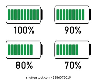 20 a 10% de infografías de carga completa de batería, nivel de energía, progreso, crecimiento, símbolos de señal de vectores de potencia.