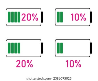 20 to 10 percentage infographics full battery charge, energy level, progress, growth, power vector sign symbols.