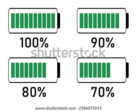 20 to 10 percentage infographics full battery charge, energy level, progress, growth, power vector sign symbols.