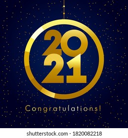 20 21 A Happy New Year symbol concept. Round logotype. Abstract isolated graphic design template. Coloured numbers. Christmas season creative decoration. Snowy backdrop, stars and cute golden digits.