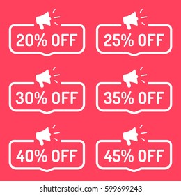 20%, 25%, 30%, 35%, 40%, 45% off. Vector illustration set on red background. Can be used business company for sale season.