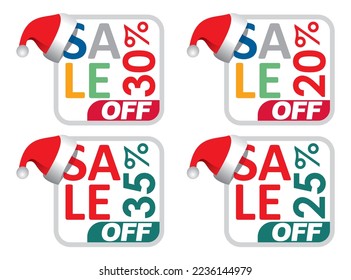 20%, 25%, 30%, 35% Discount. Sale tags set vector badges template with santa hat illustration. Sale offer price sign. Special offer symbol. Discount promotion. Discount badge shape. Vector design