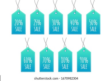 20 25 30 40 50 60 70 80 90% Einkaufspassage Set. Vektorillustration einzeln Symbol. Anmelden für Label, Rabatt, Verkauf, Business