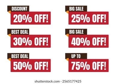 20%, 25%, 30%, 40%, 50%, 75%, Discount Tag Icon. Sales tags set vector badges template. Discount offer price sign. Special OFF!! offer symbol. Discount promotion. Discount badge shape. Vector design