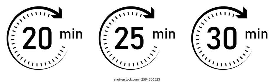 20-, 25- and 30-minutes timer and clock vector icons set in black color. Timer logo. Clock symbols, stopwatch signs, Timer icons. Vector illustration.