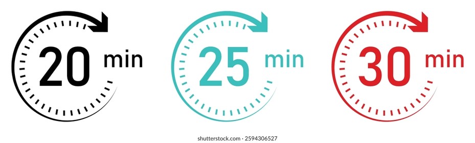 20-, 25- and 30-minutes timer and clock vector icons set in color. Timer logo. Clock symbols, stopwatch signs, Timer icons. Vector illustration.