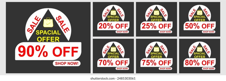 20%, 25%, 50%, 70%, 75%, 80%, 90%, Discount. Sale discount with percent collection. Set of sale badge, banner, sticker. Discount promotion. Discount badge shape. Vector Illustration.