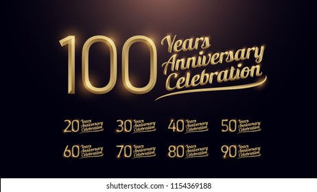 20, 30, 40, 50, 60, 70, 80, 90, 100 years anniversary celebration gold number and golden graphic dark background. vector illustration