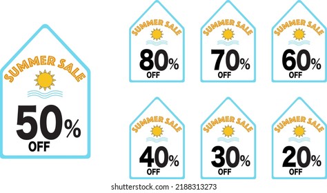 20% 30% 40% 50% 60% 70% 80% etiqueta de descuento de venta de verano. Etiquetas de oferta especial de verano