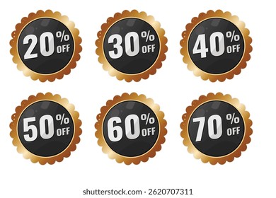 20, 30, 40, 50, 60, 70 por cento desligado - adesivos pretos brilhantes com borda de ouro, distintivo moderno, venda - ilustração vetorial