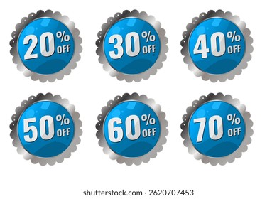 20, 30, 40, 50, 60, 70 por cento desligado - adesivos azuis brilhantes com borda prateada, distintivo moderno, venda - ilustração vetorial