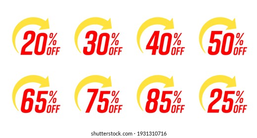 20, 30, 40, 50, 65, 75, 85, 25 percent off label template. Set of banner template with special sale discount offer on delivery service with arrow vector illustration isolated on white background