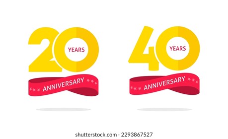 20 40 years anniversary badge jubilee birthday party label icon vector logo graphic, 20th and 40th celebration emblem set illustration golden yellow red image clipart