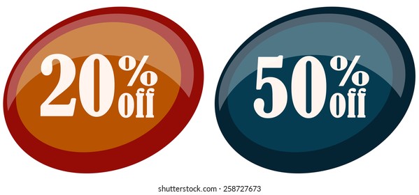 20 and 50 Percent Off Price Stickers, Vector Illustration isolated on White Background.