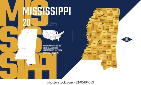 20 of 50 states of the United States, divided into counties with territory nicknames, Detailed vector Mississippi Map with name and date admitted to the Union, travel poster and postcard