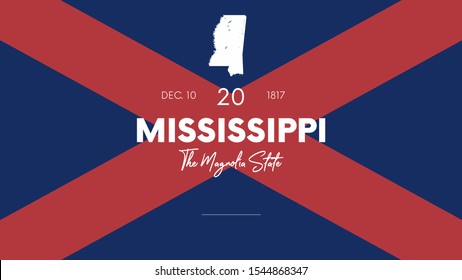 20 of 50 states of the United States with a name, nickname, and date admitted to the Union, Detailed Vector Mississippi Map for printing posters, postcards and t-shirts