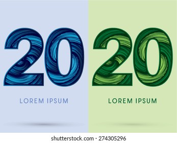 20 ,Abstract Number , font, concept Spin water, wind and natural, designed using blue and green grunge brush,sign 