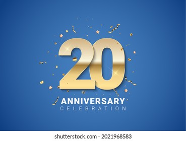 20 anniversary background with golden numbers, confetti, stars on bright blue background. Vector Illustration EPS10