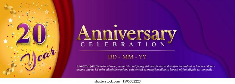20 Anniversary celebration banner template with ribbon and red curtain on luxury purple paper cut background