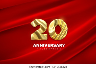 20 Anniversary celebration. Golden number 20 on red draped textile background. Vector festive illustration. Realistic 3d sign. Birthday or wedding party event decoration