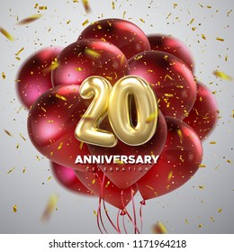 20 Anniversary celebration. Golden numbers with sparkling confetti and red balloon bunch. Vector festive illustration. Realistic 3d sign. Party event decoration