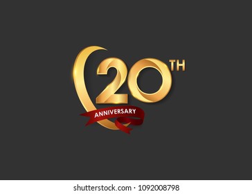 20 anniversary design logotype golden color with ring and red ribbon for celebration