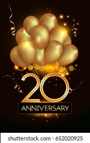 20 Anniversary Logo Celebration with Golden balloon and confetti, Isolated on dark Background
