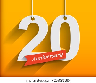 20 Anniversary numbers with ribbon. Flat origami style with long shadow. Vector illustration