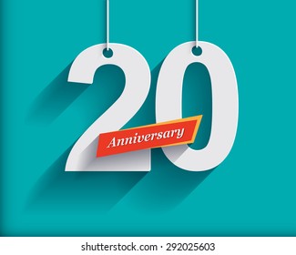 20 Anniversary numbers with ribbon. Flat origami style with long shadow. Vector illustration