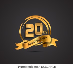 20 anniversary template design golden color with ribbon and ring memorial celebration event