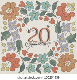 20 Anniversary. Vintage retro Twenty anniversary design with floral background. Flower elements for anniversary greeting. Hand lettering style typographic and calligraphic symbols for 20 anniversary.