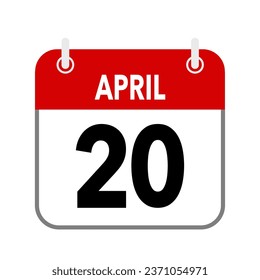20 de abril, icono de fecha de calendario sobre fondo blanco.