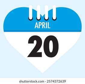 20 April calendar icon blue heart shape on light sky blue color background, calendar vector symbol for the month of April.