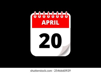20 April calendar icon text page monthly web design on red, white and black background vector, icon, or illustration with the month of April 20
