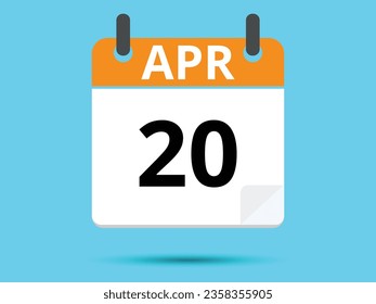 20 April. Flat icon calendar isolated on blue background. Vector illustration.