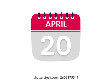 20 April month single day vector, illustration, calendar with red, off white and white color background calendar April 20
