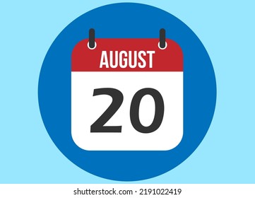 20 August blue calendar vector. Calendar august with circle in background clear.