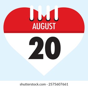 20 August calendar icon red heart shape on light sky blue color background, calendar vector symbol for the month of August.