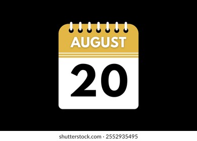 20 August calendar icon text page monthly web design on golden, black, and white background vector, icon, or illustration with the month of August 20